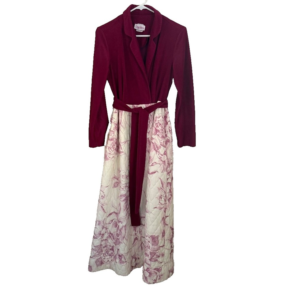 Evelyn Pearson Vintage Quilted Robe S Burgundy Rose Floral Belt Maxi Cottagecore